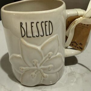 Rae Dunn White 3D 'Blessed' Floral Mug
